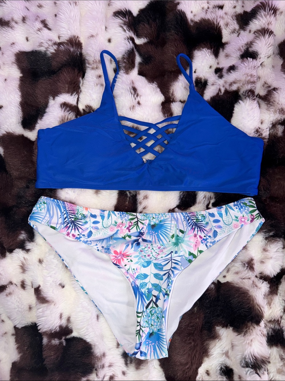 Royal Blue Crisscross Bikini Top with Floral Swim Bottom - Women Swim